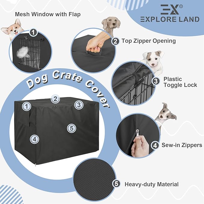 Explore Land Dog Crate Cover Heavy Duty Polyester Pet Kennel Sunshade Universal Fit for 38 inches Wire Cage (Black)