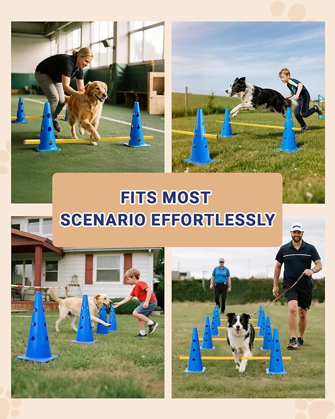 Dog Agility Course Backyard Set, Dog Agility Hurdle Cone Set with Height Adjustable Crossbar for Rehabilitation & Beginners, Dog Agility Equipment for Dog Obstacle Course - 18 Inch