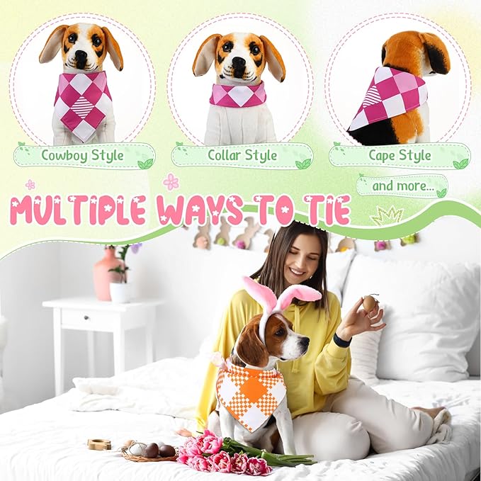 Sweetude 60 Pcs Easter Plaid Dog Bandanas Bulk Easter Pet Scarf Bibs Adjustable Washable Kerchief Holiday Pet Costume Accessories Grooming Supplies for Small to Large Cats Dogs