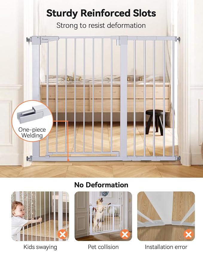 COMOMY 36" Extra Tall Baby Gate for Stairs Doorways, Fits Openings 29.5" to 46" Wide, Auto Close Extra Wide Dog Gate for House, Pressure Mounted Easy Walk Through Pet Gate with Door, White
