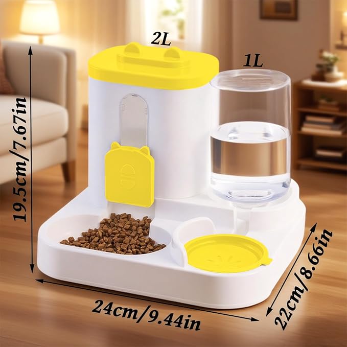 Gravity Cat Feeder and Water Dispenser, 2 in 1 Automatic Cat Feeder, 2 Pack Large Capacity Self Feeding for Small Medium Dog Puppy Kitten （Yellow）