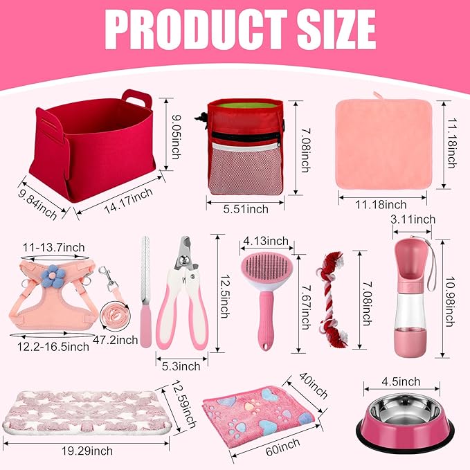 Abbylike 50 Pcs Puppy Supplies Starter Kit for Small Dogs Puppy Essentials Includes Leash, Bowls, Teeth Brushes, Water Bottle, and More Accessories for Dogs Pet Day Welcome Gift(Pink)