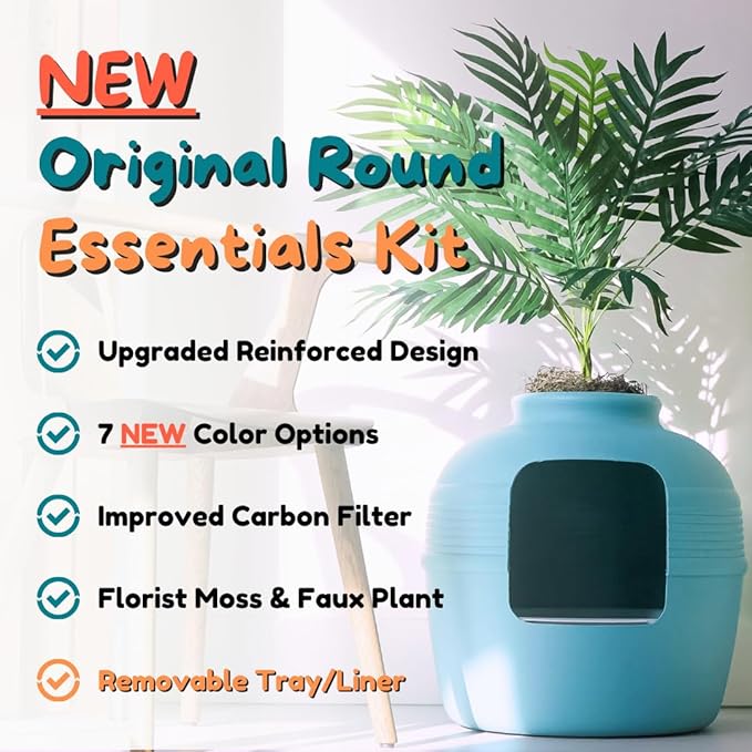 Good Pet Stuff Hidden Litter Box Planter, Decorative Cat Litter Enclosure with Carbon Filter, Artificial Plant, Easy Clean, Removable Liner, Round Style, Essentials Kit, Coastal Blue