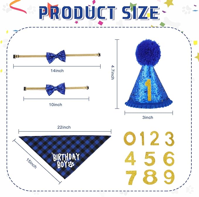 Weewooday Dog Birthday Party Supplies Birthday Boy Girl Cake Bandana Triangle Scarf Party Hat Dog Bow Tie Collar with Numbers for Large Medium Small Dog Puppy 1st Birthday(Elegant Style,Medium)