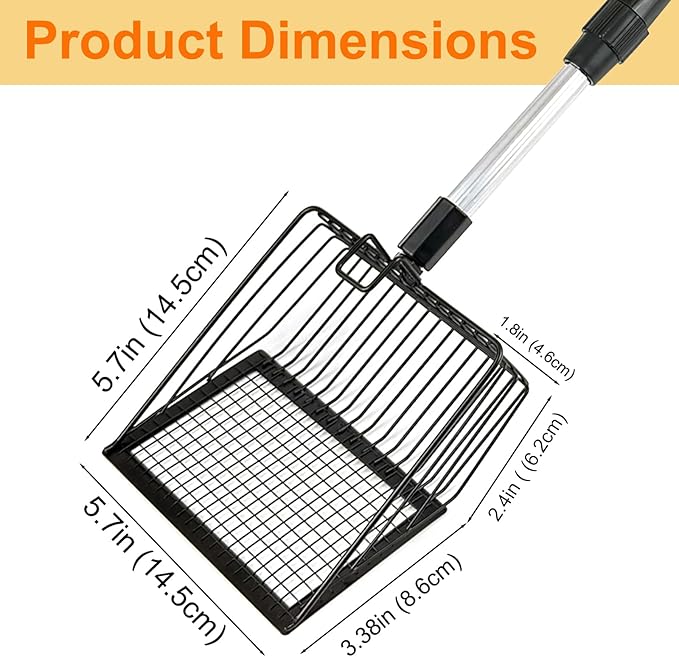 Cat Litter Scoop with Extendable Long Handle, 22.2"-42.5" No Bending Back Metal Kitty Litter Scoop, Large Non-Stick Wide Flat Head Heavy Duty Cat Pooper Scooper