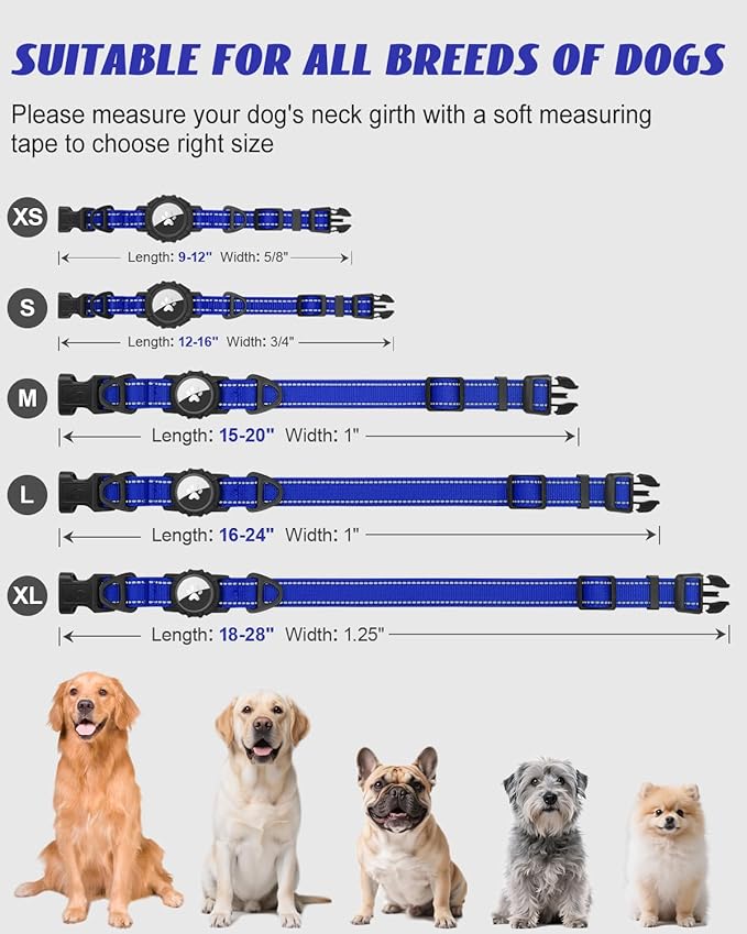 Joytale Airtag Dog Collar, Reflective Pet Collar with Waterproof AirTag Holder, Dual D-Rings, Soft Padded Adjustable for Extra Large Dogs, Navy Blue, XL
