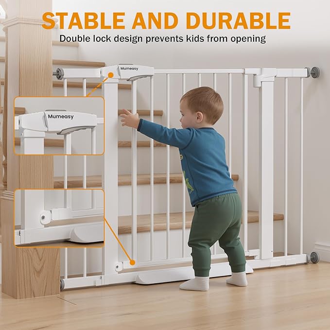 Baby Gate for Stairs, 29.7-43" Auto Close Dog Gate for Doorways & Hallways, Pressure Mounted Pet Gate with Walk Thru Door, Easy Install Safety Gate for Children & Pets, No Drilling, Dual-Lock Design