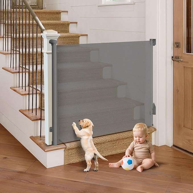 Retractable Baby Gate for Stairs, 55" Wide Mesh Pet Gate, Automatic Tension, One-Hand Operation, 38" Tall Baby Gates for Doorways, Hallways, Deck, Indoor Outdoor, Safe, Easy to Fit, Gray