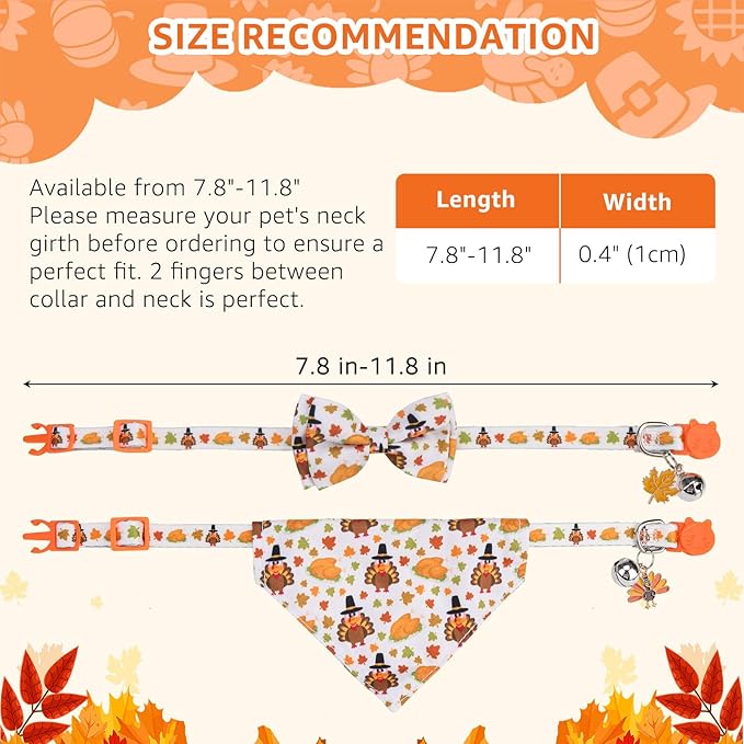 SCENEREAL Fall Thanksgiving Cat Bandana Collar with Bell Bowtie - 2 Pack Breakaway Kitten Collars, Adjustable Cute Pet Accessories for Cats and Small Dogs