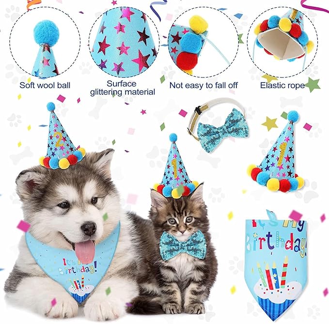 Dog Birthday Decorations,Puppy Birthday Party Outfits, Birthday Hat,Bow Tie,Bandana,Happy Birthday Banner,Pet Theme Suit Apparel & Accessories for Boy Golden Doodle Teddy Husky Labrador(4PCS Blue)