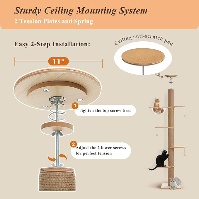 PETEPELA Floor to Ceiling Cat Tree, Adjustable Height(79-103'') Solid Wooden Tall Cat Tower for Indoor Cats with Sisal Scratching Post, Acrylic Bowl and Play Pompom, Wooden Beige