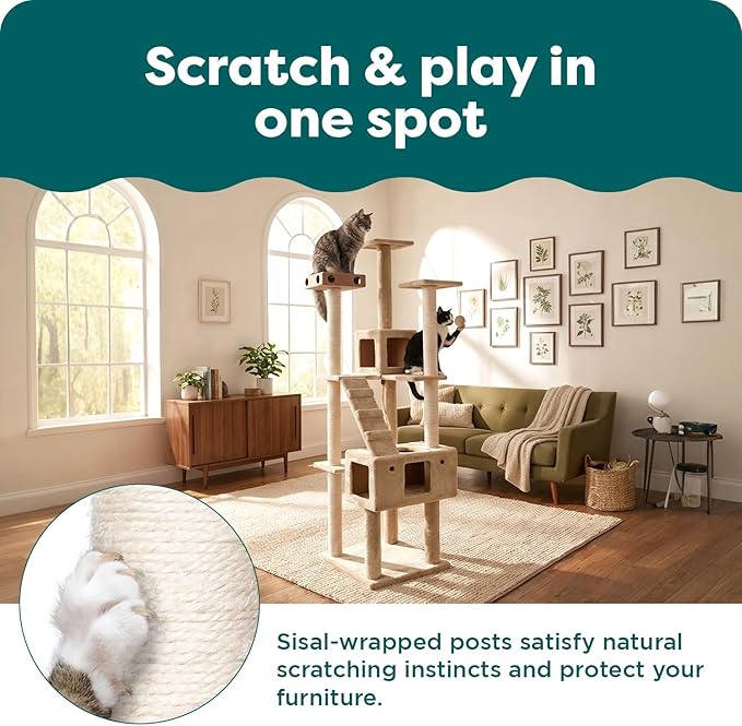 FurHaven 69.3" Tall Cat Scratching Post Tower for Indoor Cats, Sisal Cat Tree with 2 Condos, Tiger Tough Double Decker Playground, Toys & Perches for Cats, Sisal, Cream