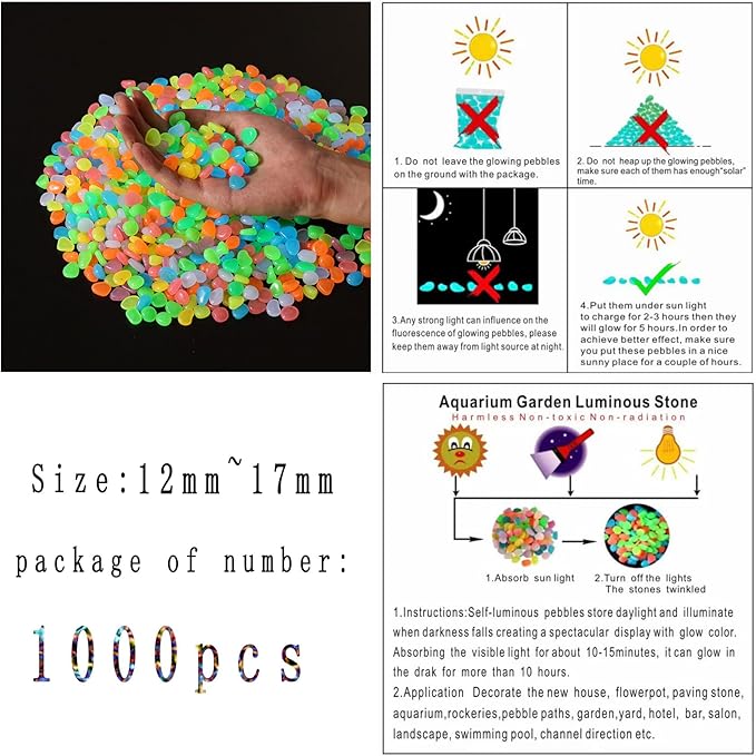 Glow in The Dark Stones 1000 Pcs Glow Pebbles Aquarium Rocks for Fish Tank Lawn Yard Garden Walkway Plant Pots (Rainbow)