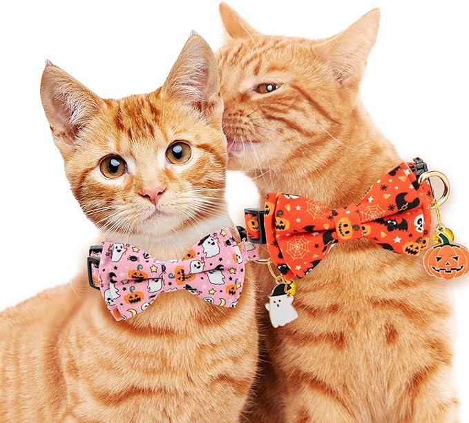 2 Pack Halloween Breakaway Cat Collar with Bow Tie and Bell for Boy Girl Cats,Cute Cotton Kitten Collar with Pink Ghost and Orange Pumpkin Pattern for Female Male Cats (Pink Ghost&Pumpkin)