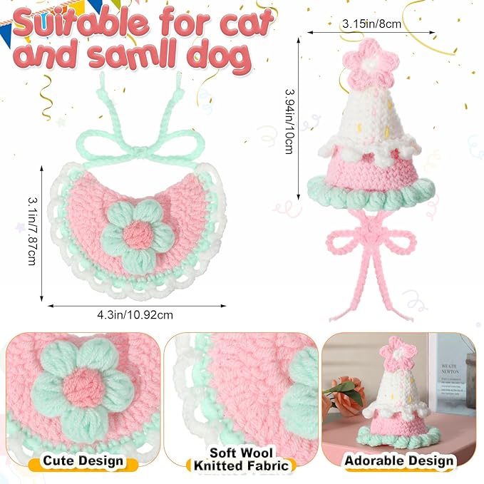 Sanwuta 2 Pcs Cat Birthday Party Supplies, Knit Cat Hat Kitten Birthday Bib Knit Bandana Pet Party Costume Headwear Accessories for Puppy Kitten Small Dogs Animals(Pink)