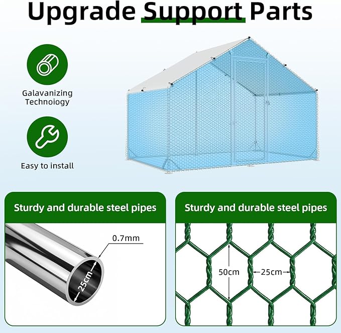 4ever2buy Large Metal Chicken Coop with Run Walk-in Poultry Cage Chicken Runs House Pen Cage Spire Roofed Chicken Coops with Anti-Ultraviolet Cover for Outdoor Backyard Farm Use 9.8’L x 6.6’W x 6.4’H