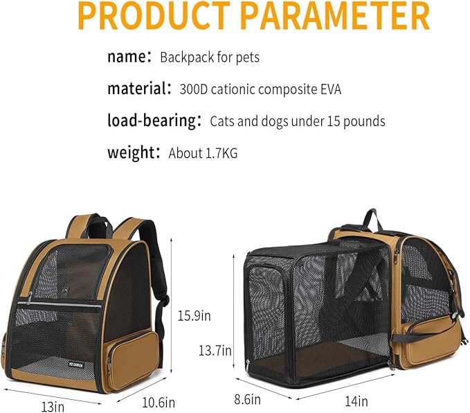 Cat Backpack，Expandable Cat Carrier Backpack, Dog Backpack Carrier and Pet Carrier Backpack, Suitable for Cats, Dogs Kitten or Small Dogs, Travel Friendly Puppy Cats Bag (Brown)