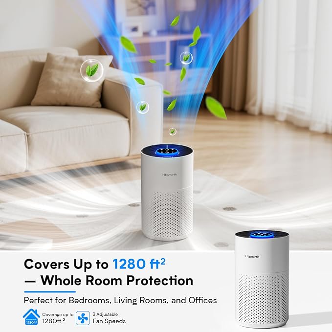 Upgraded Air Purifiers for Bedroom & Home with H14 True HEPA Filter, Covers Up to 1280ft², 360° Air Intake, Quiet Pet Air Purifier, Fragrance & Timer, Removes Smoke,Pet Dander & Pollen,White