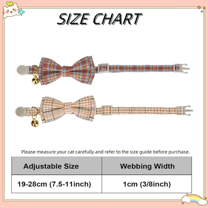 2 Pack Soft Cotton Cat Collars with Bowtie and Bell Breakaway Plaid Cat Kitten Collar(Beige and Amber)