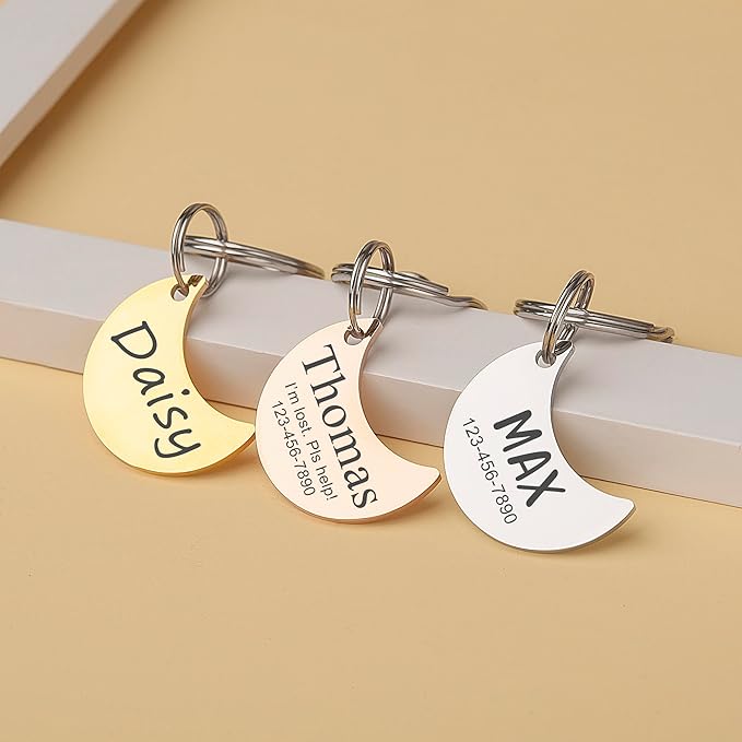 Anavia Personalized Pet ID Tags, Stainless Steel Glossy Laser Engraved Dog Cat Collar Name Tags, Multiple Colors Shapes Sizes (Moon, Small)