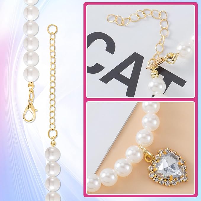 2pcs Cat Pearl Collar with Heart Pendant, Cute Pearl Pet Necklace in Small, Adjustable Wedding Party Small Dog Jewelry Accessories for Puppy Kitten- White & Red