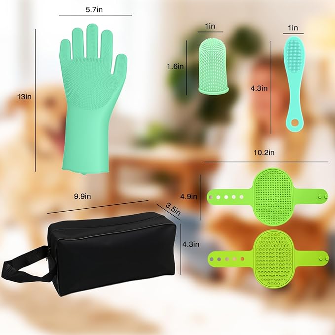 7PCS Dog Washing Gloves | Dog Bath Brush | Storage Bag | Dog Finger Toothbrush for Short & Long Haired Dogs & Cats | Efficient Deshedding Bathing & Massaging, Suitable for Pets (Sage Green)