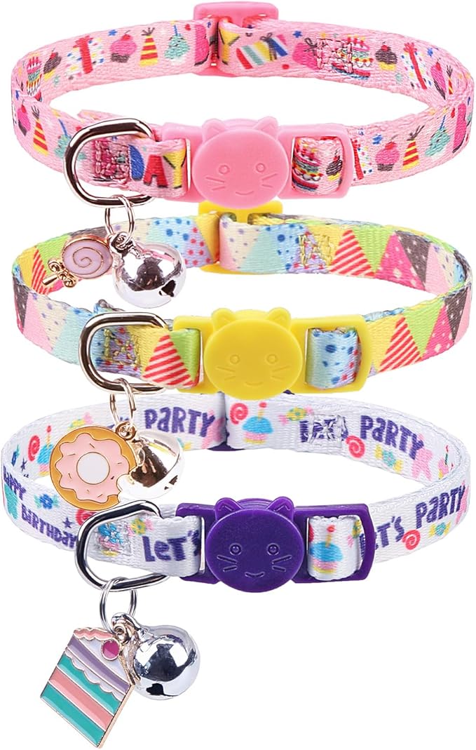SCENEREAL Birthday Cat Collars Breakaway with Bells, 3 Pack Adjustable Cat Collars for Boy and Girl, Cute Cat Collar for Kitten Cats, Birthday Collar with Cake and Donut Jewelry