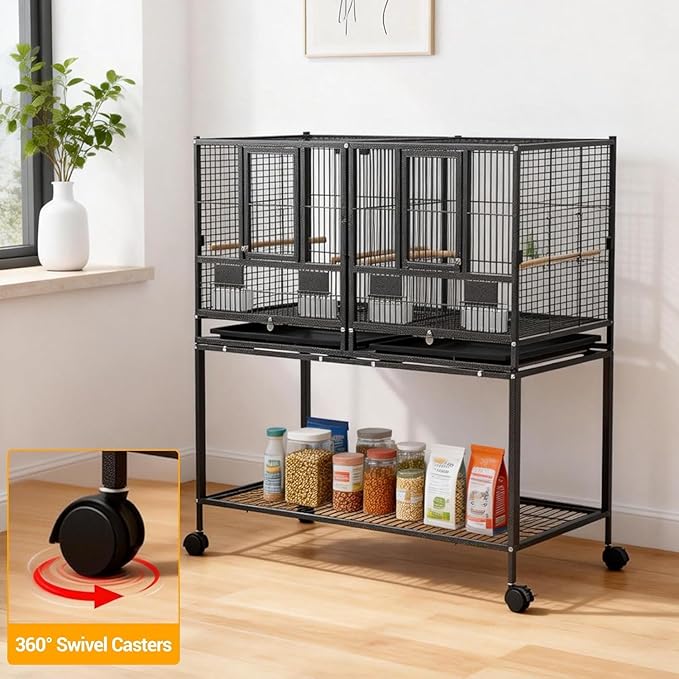 43 Inch Bird Cage with Wooden Perches, Standing Wrought Iron Birdcage with Wheels, Large Parrot Cage Bird Cages with Slide-Out Tray Water Bottle Feeder for Parakeets,Cockatiel, Canary,Pigeons