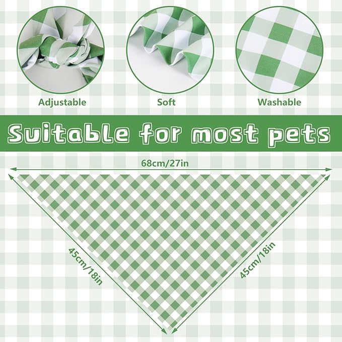 2Pcs Dog Bandanas Sage Green Plaid Triangle Pet Scarf Adjustable Puppy Neckerchief Dog Cat Bib for Spring Summer Medium Large Boy Girl Pet Costume Accessories