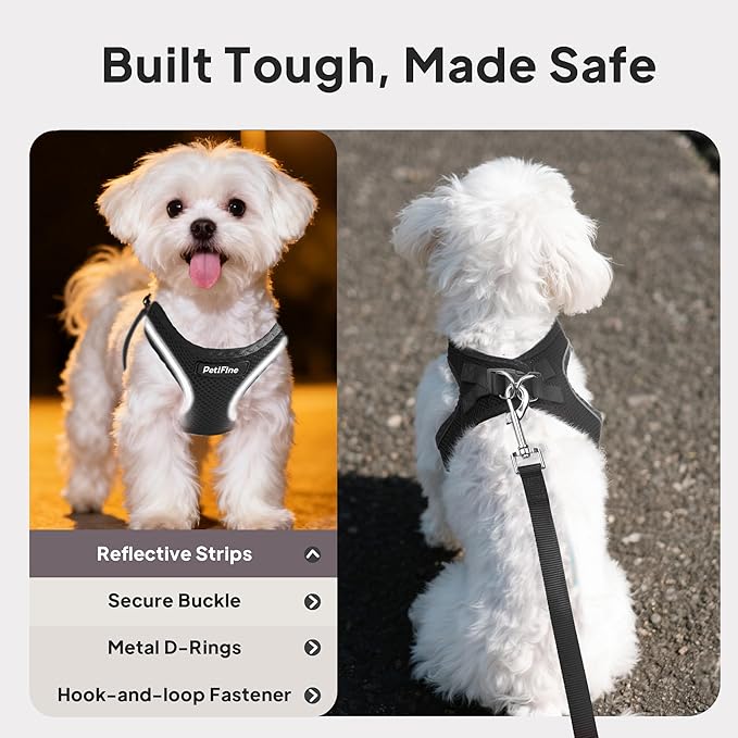 PetiFine Step in Small Dog Harness and Leash Set, Breathable All Weather Air Mesh Reflective Escape Proof, Step-in Vest Harnesses for Puppy(XS, Black)