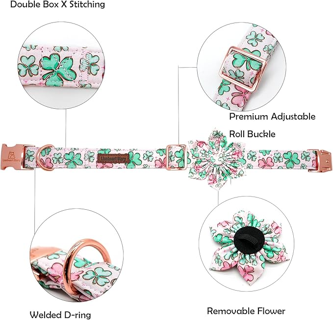Lionheart glory St. Patrick's Day Dog Collar with Flower Dog Collars for X-Small Dogs, Heavy Duty Green Collars Lucky Clover Shamrock Dogs Collar Flower Puppy