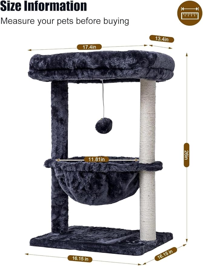 SYANDLVY Small Cat Tree for Indoor Cats, Activity Cat Tower with Scratching Post for Kittens, Cat Condo & Furniture with Basket & Hanging Ball for Play Rest