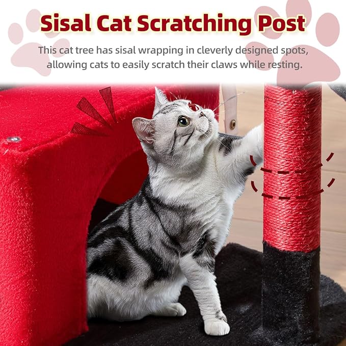 Taoqimiao MS043BR Cat Tree, 32.2-Inch Cat Tower for Indoors Cats, Cat Condo with Large Cat Perch, Spacious Cat Cave, Scratching Posts for Small and Medium Cats, Black and Red