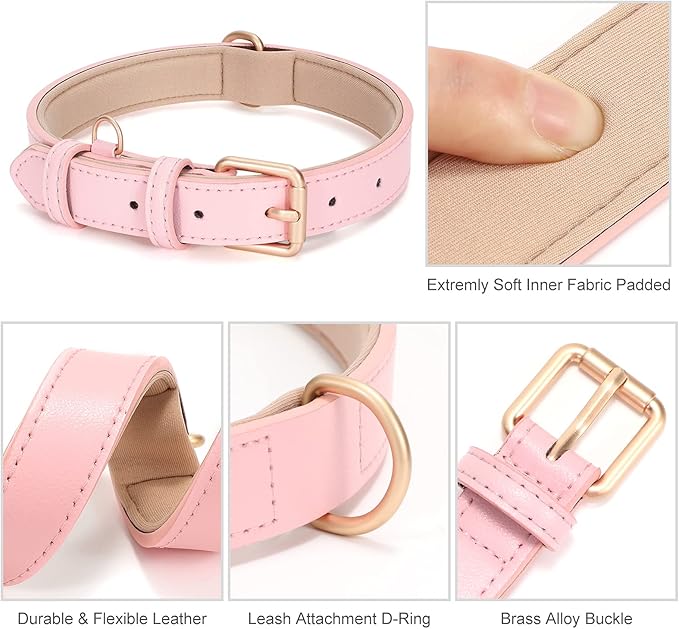 WHIPPY Leather Dog Collar for Small Medium Large Dog Adjustable Soft Breathable Leather Padded Puppy Collar with Alloy Buckle Heavy Duty Waterproof Classic Dog Pet Collar,Pink,S