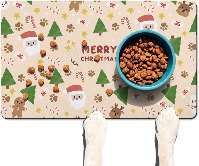 Christmas Dog Food & Water Mat, Paw Prints Santa Claus Snowman Xmas Pet Feeding Mat for Floor Non-Slip Waterproof, Super Absorbent Cat Bowl Mat, Easy to Clean Pet Placemat,12" × 20"