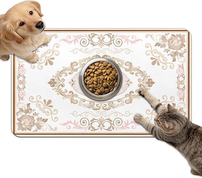 Dog Food Mat for Bowls, Absorbent Quick Dry Dog Cat Mats for Food and Water, Non-Slip Backing Pet Mat Pet Supplies - Floral Pattern