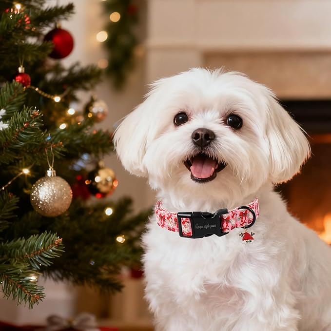 Unique Style Paws Christmas Dog Collar, Pink Dog Collar with Santa Claus Pattern, Lightweight & Adjustable Pet Collar with Plastic Buckle for Small, Medium, Large Boy Girl Dogs