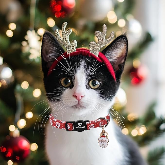 2 Pack Christmas Cat Collars - Breakaway Cat Collar with Bell, Christmas Tree and Santa Pendant, Winter Adjustable Kitten Collars for Girl Boy Cats, Pink&Red