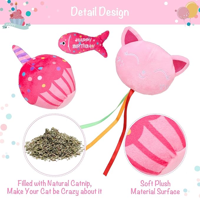 BINGPET Cat Birthday Catnip Toys for Indoor Cats, 5 Pcs Cat Birthday Gift Kitten Interactive Toys for Boy Girl Cats, Soft Plush Catmint Kitty Chew Kick Toy, Hat, Bandana, Balloon, Cake, Fish, Pink