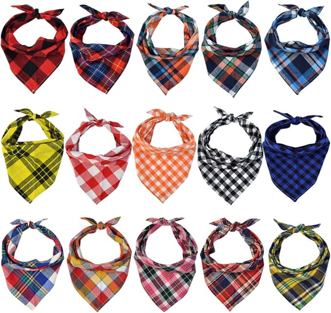 15pcs Dog Bandanas, Dog Scarf Kerchief Bibs Washable Girl Boy Dogs Bandanas Set Cotton Checkered Pet Bandana Outdoor Fall Accessories for Small Dogs Cat Pet