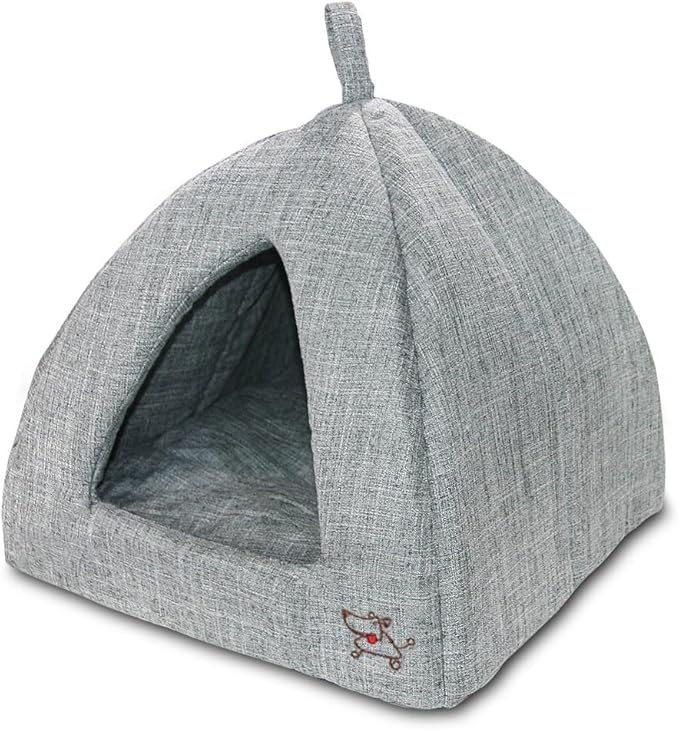 Best Pet Supplies Dog House Bed Crate Mat Tent Indoor Round Soft Plush for Small, Medium, and Large Breeds - Gray Linen, 16" x 16" x H:14"