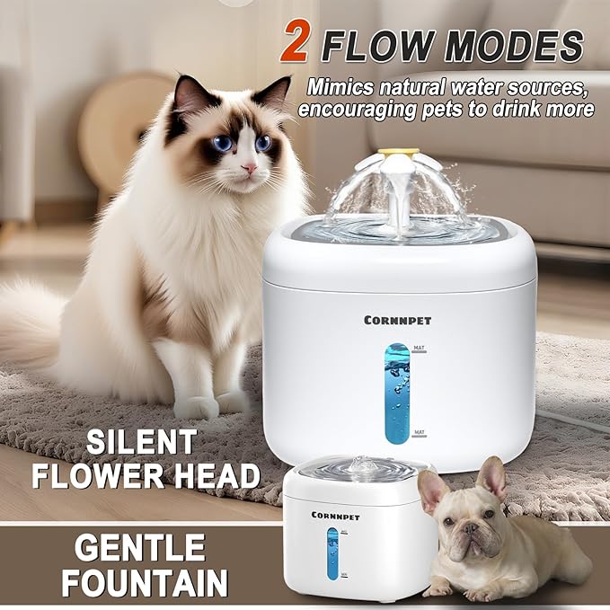 Cat Water Fountain 2.2L with 3 Filters and 1 Mat, Dual Flow Modes Dog Water Fountain with Ultra Silent and Auto Stopping for Small Kitty Cats and Dogs - White