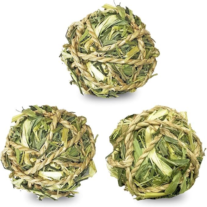SunGrow Assorted Rabbit & Cat Chew Balls, Teething Activity Toy for Pocket Pets, Improves Dental Health, Environment Friendly, Stress Reliever (Barley Grass Ball, 3 Pcs)