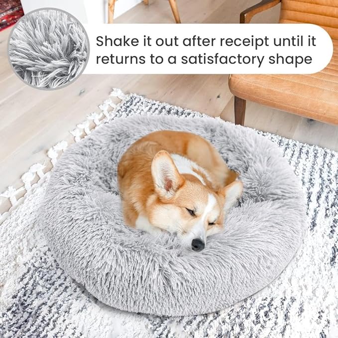 Original Calming Donut Dog and Cat Bed in Shag Fur, Dog Beds for Melium Dogs, Anti Anxiety Round Fluffy Plush Faux Fur Pet Bed 31''×31''