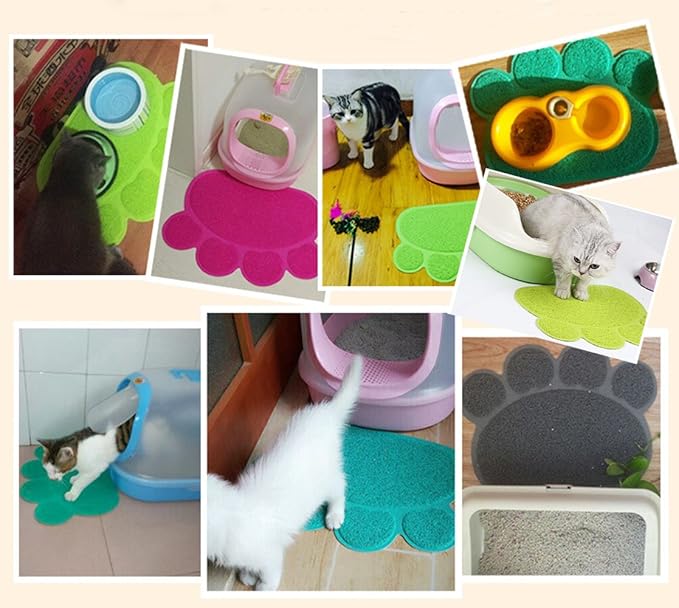 PVC Pet Dog Cat Puppy Kitten Dish Bowl Food Water Feeding Placemat, Non-Slip Cat Litter Mat Paw Shape, Blue Large