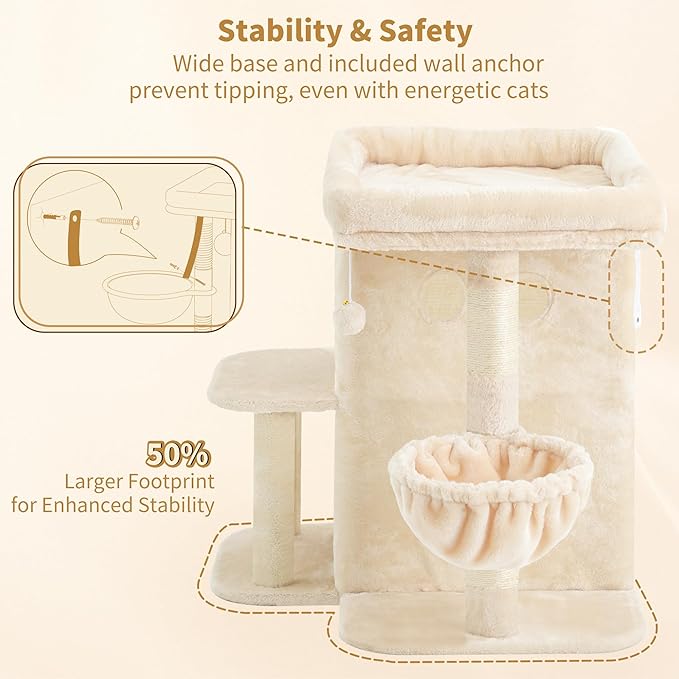 Heybly Cat Tree, 25.6-inch Cat Tower with Spacious Top Perch for Large Cats, Stair-Style Cat House Furniture with Dual-Layer Condos, Sisal Scratching Posts, Cozy Basket & Pompom, Beige HCT204SM