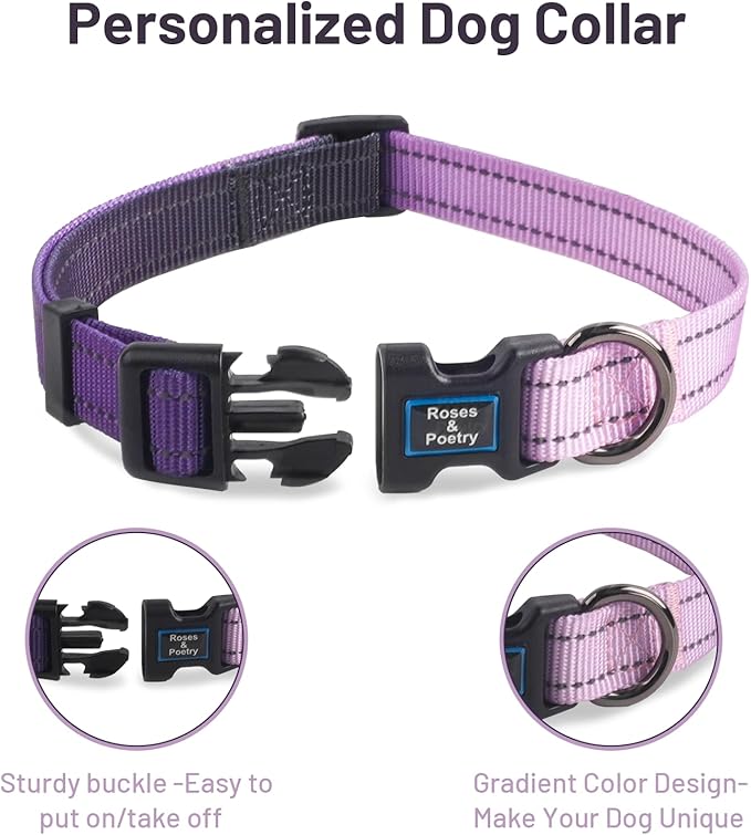 Roses&Poetry Large Dog Collar, Adjustable Reflective Durable Pet Collars for Small Medium Large Dogs(Lightpurple-L)