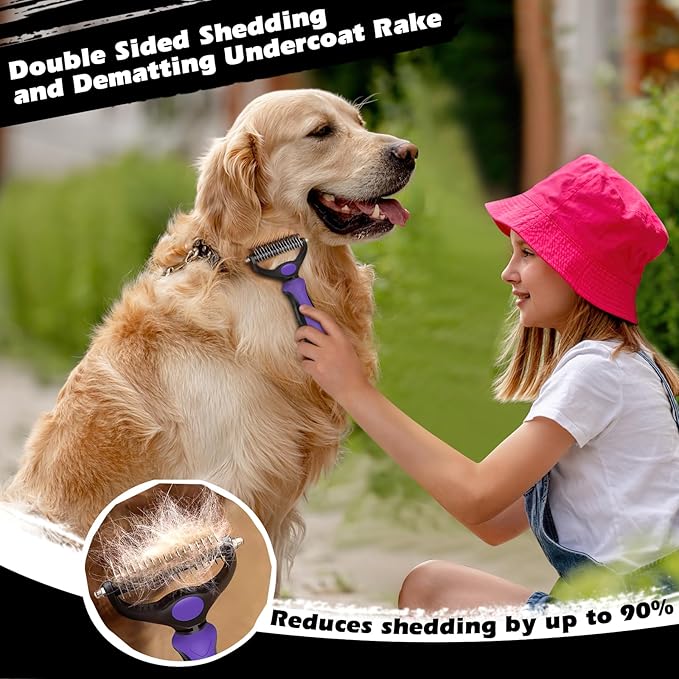 3PCS Self Cleaning Slicker Brush & Pet Grooming Rake & Flea Comb for Dogs,Cats and Horses | Double-Sided Dematting Comb & Skin Friendly Deshedding Grooming Tool | Premium Pet Supplies (Purple Black)