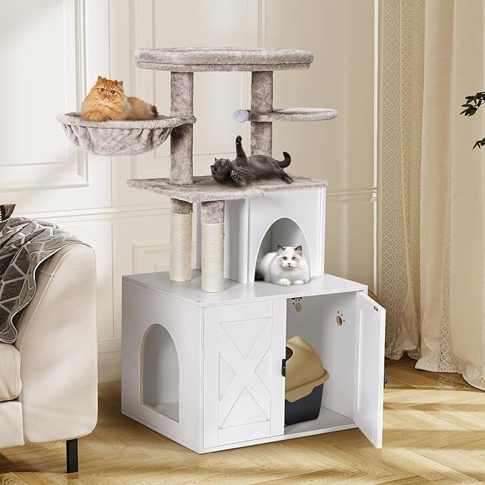 Snughome Cat Litter Box Enclosure with Cat Tree Tower and Condo, Hidden Washroom Furniture with Sisal Scratching Post and Soft Plush Perch, Wooden Cat Furniture with Multiple Platforms, White