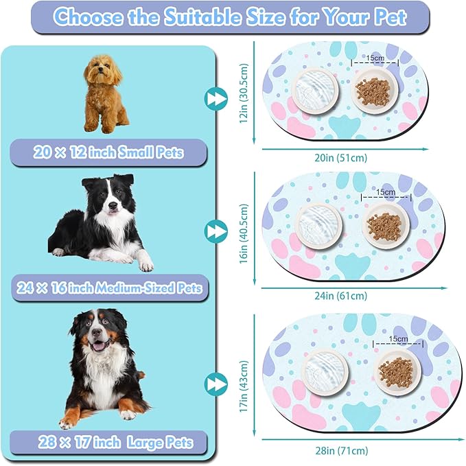 Dog Food Mat 20''x12'', Small Pet Feeding Mat, Non-Slip Rubber Pet Food Mat, Absorbent Cat Dog Water Bowl Mat for Messy Drinkers, Dogs Bowl Placemat for Food and Water, Light Blue Paw